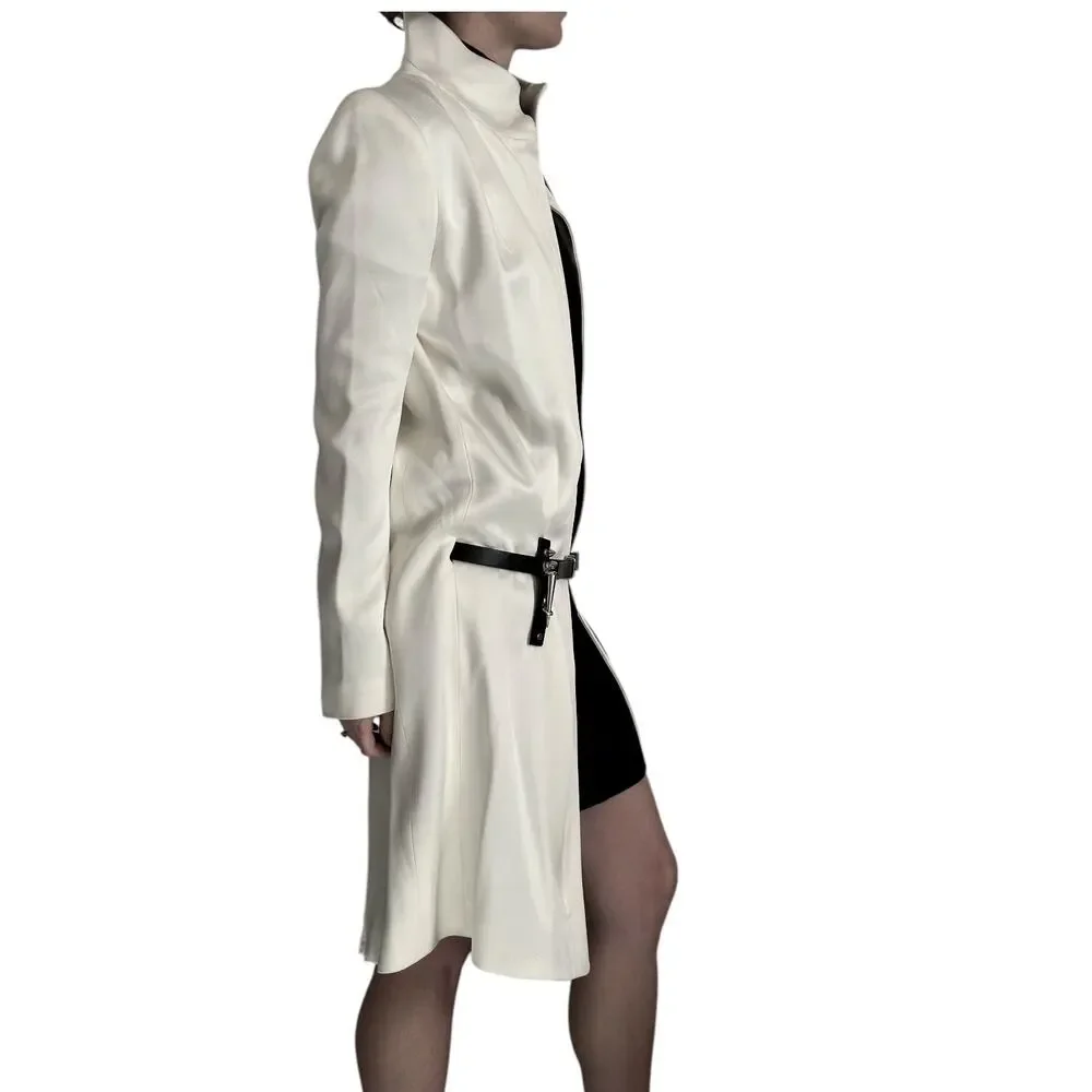 Anthony Vaccarello Hardcore Spike White Midi Coat size FR 36 Black Leather Belt